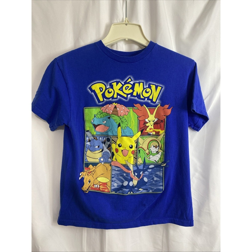 Pokemon Graphic T-Shirt Kids Medium Blue Excellent‎ 2015 Pikachu Charizard Tee